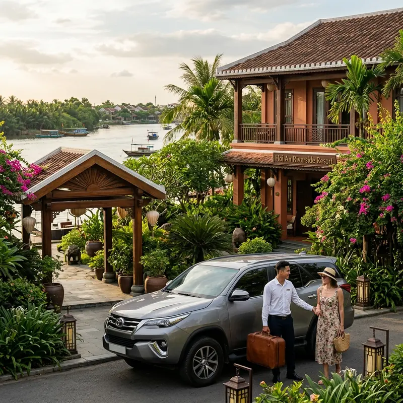 Faifo Express SUV welcoming guests at Anantara’s gate by Thu Bon River, Hoi An