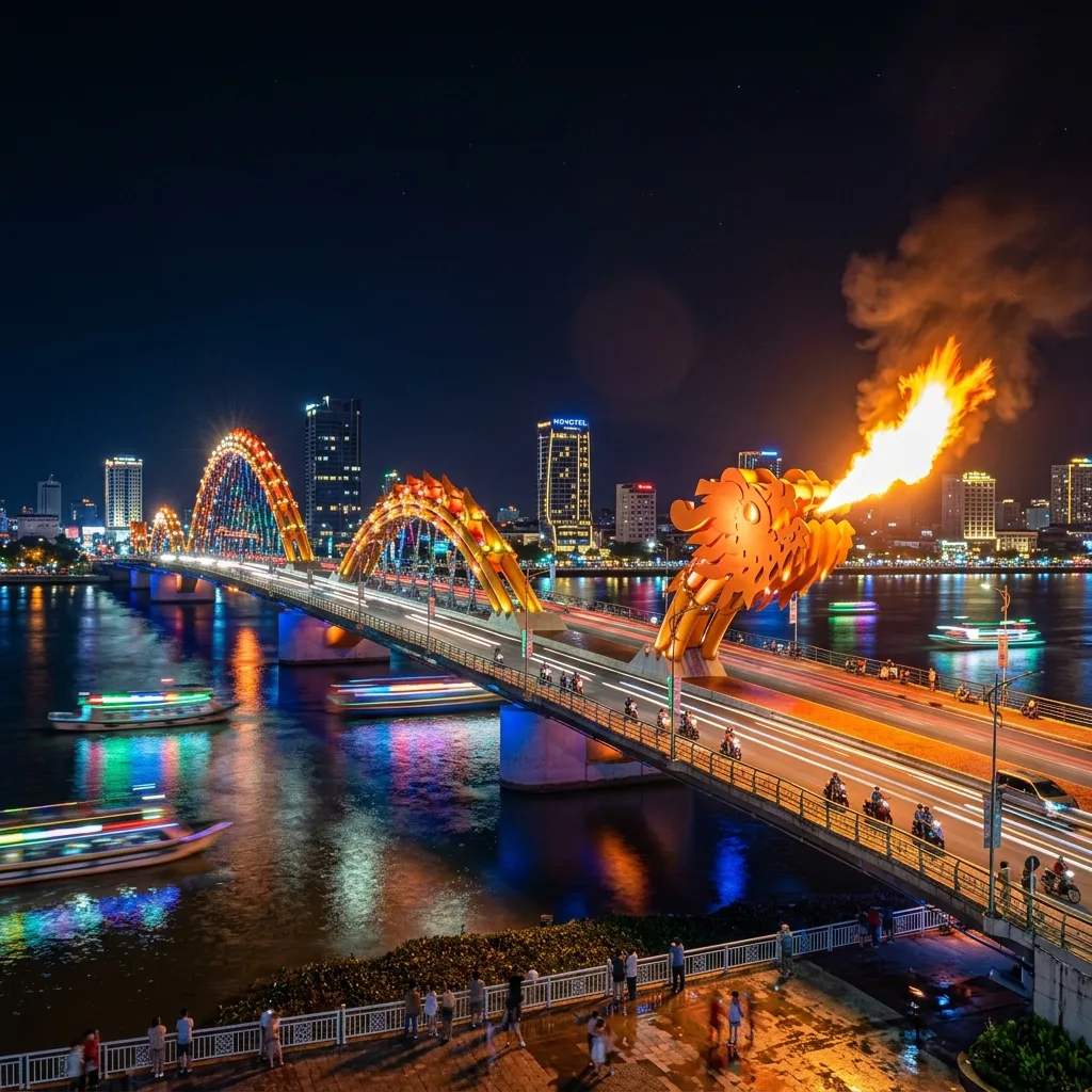 Aerial view of the iconic Dragon Bridge spanning the Han River in downtown Da Nang