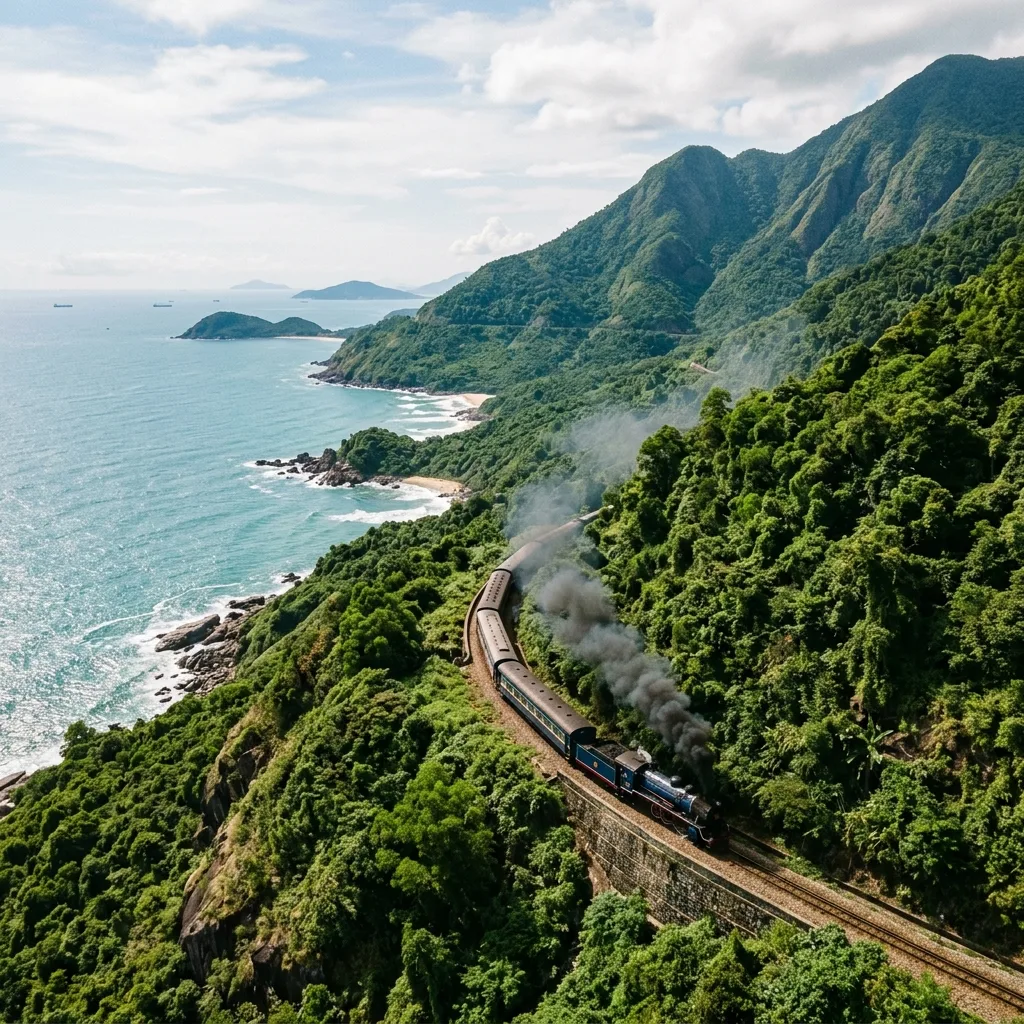 Đoàn tàu đường sắt Bắc Nam chạy men sườn núi ngắm nhìn cảnh biển vịnh Lăng Cô