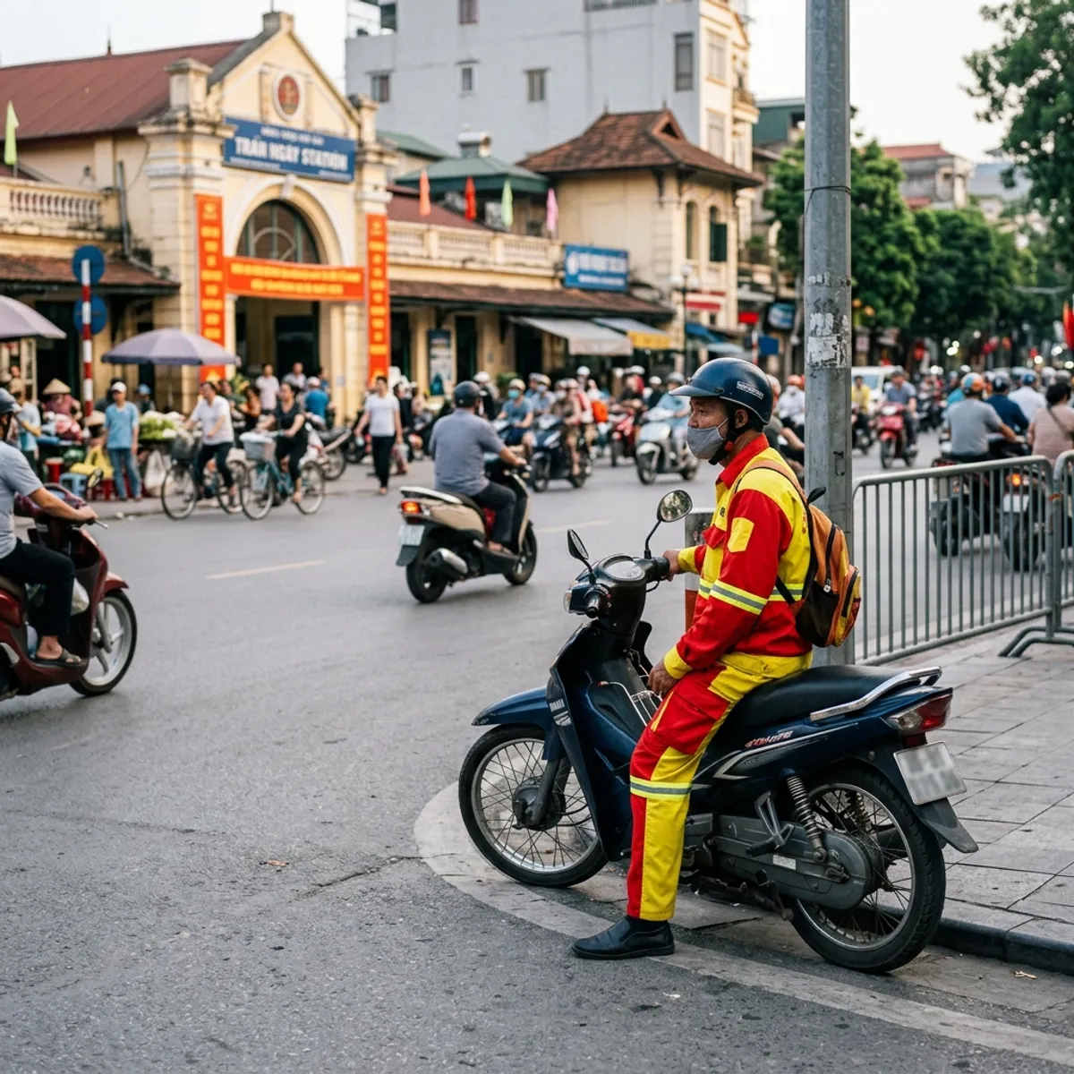 Các tài xế xe ôm công nghệ và truyền thống đợi khách trước ga