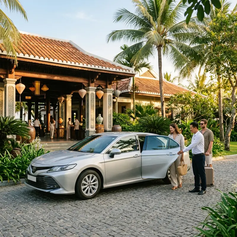 Faifo Express sedan picking up guests at Four Seasons Nam Hai Hoi An resort gate