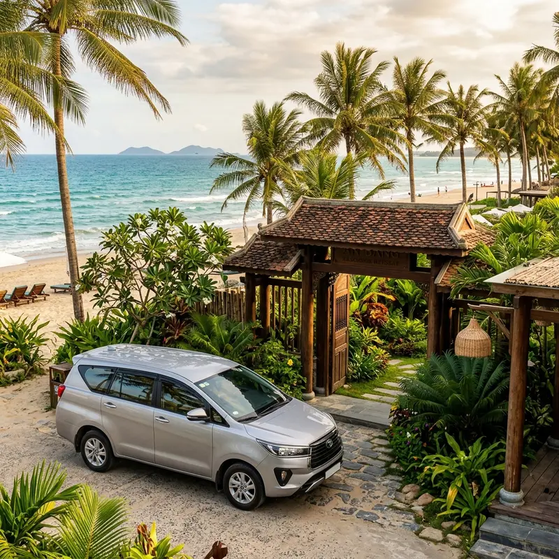 Faifo Express car taking guests to Hoi An Beach Resort at Cua Dai Beach