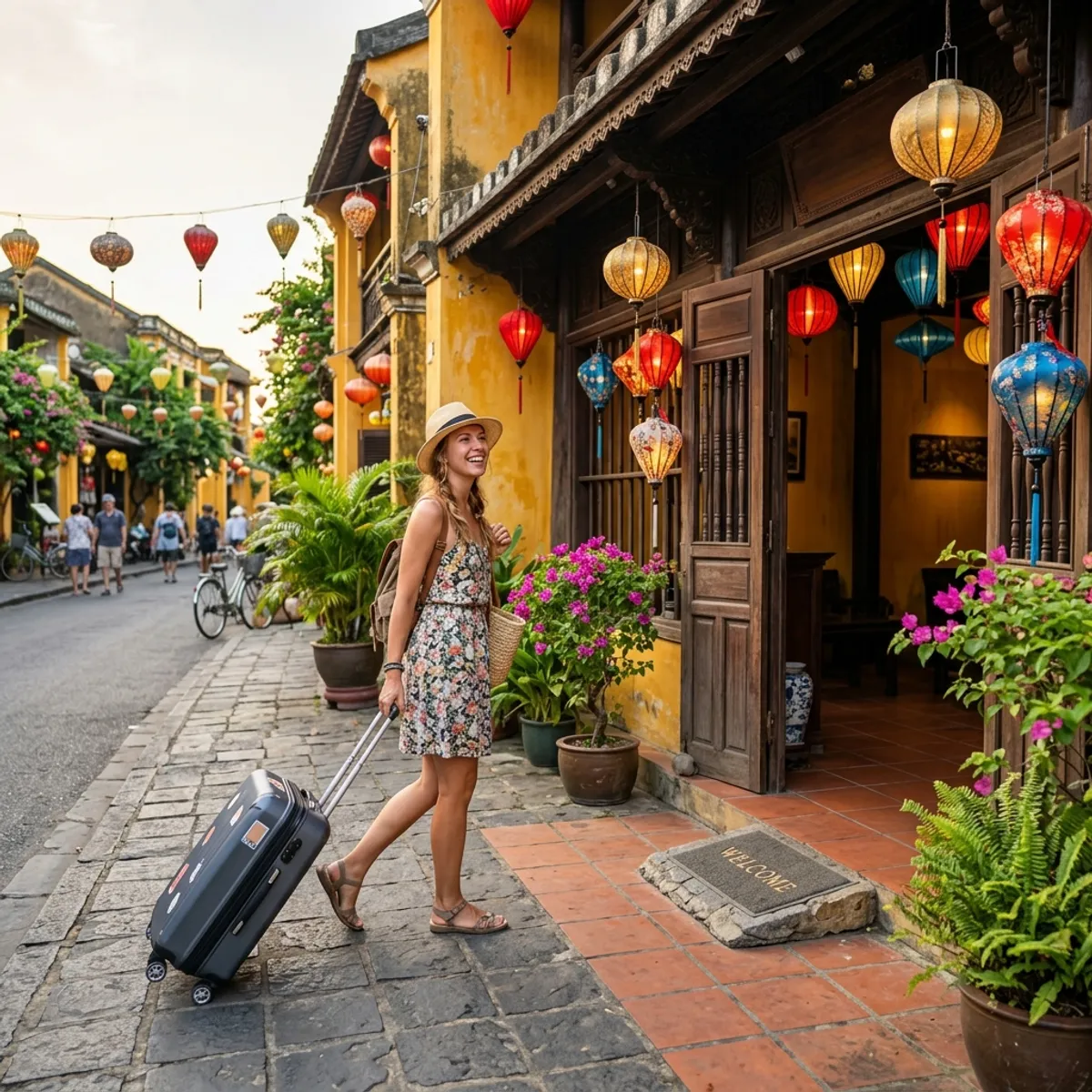 Du khách vui vẻ kéo vali nhận phòng khách sạn tại Hội An