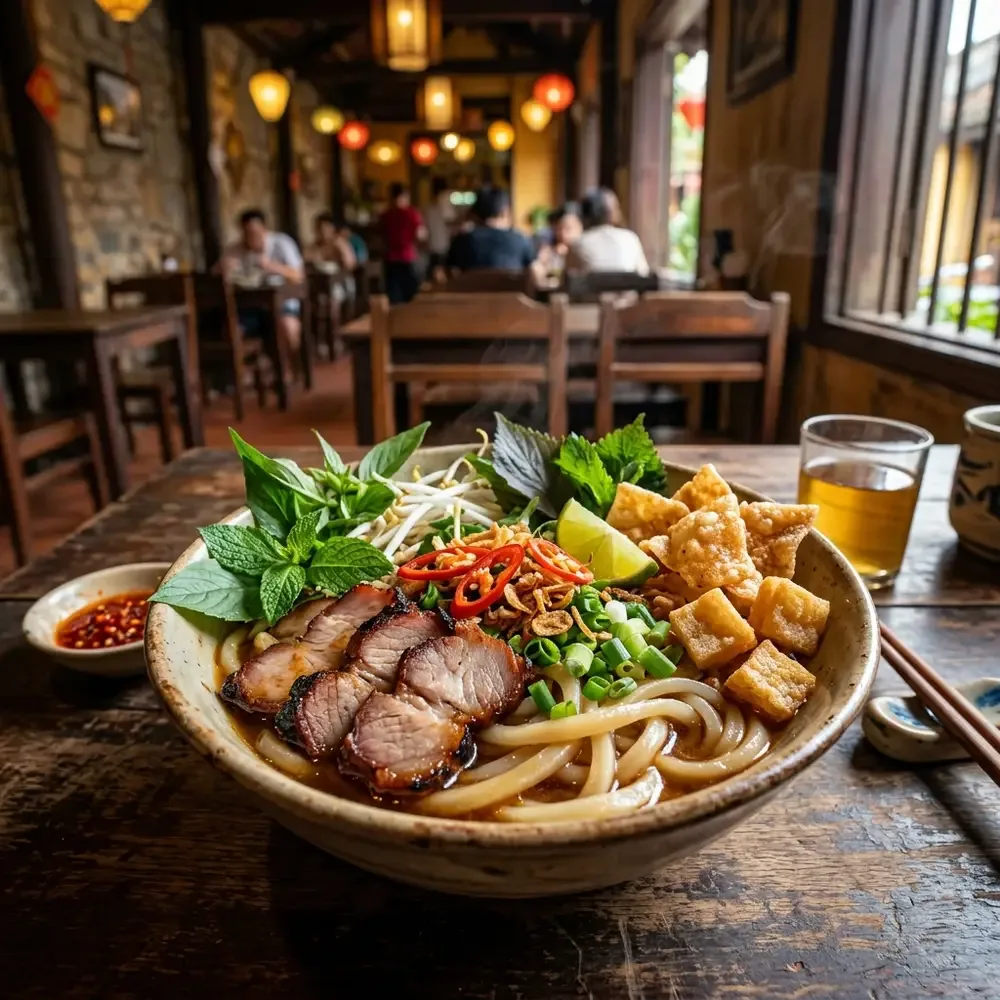 Mì Cao Lầu Hội An với thịt heo và rau sống
