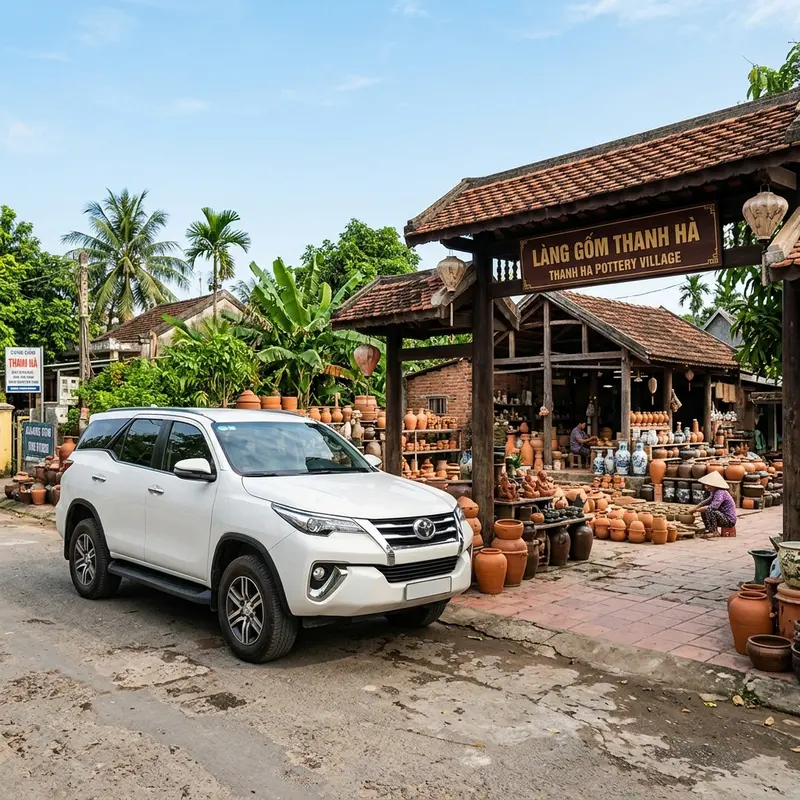 Faifo Express car bringing guests to Thanh Ha Pottery Village Hoi An