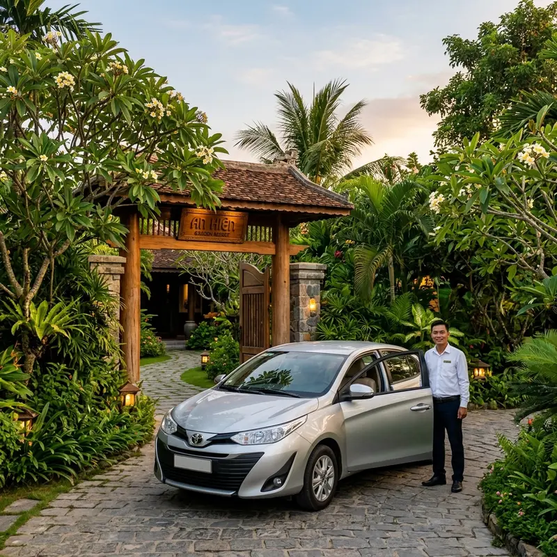 Sedan car picking up guests at resort entrance with green trees at Hoi An
