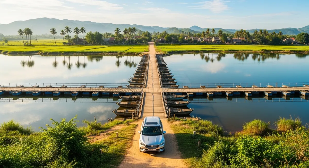 Cây cầu gỗ phao tre mộc mạc bắc ngang qua dòng sông Thu Bồn êm đềm