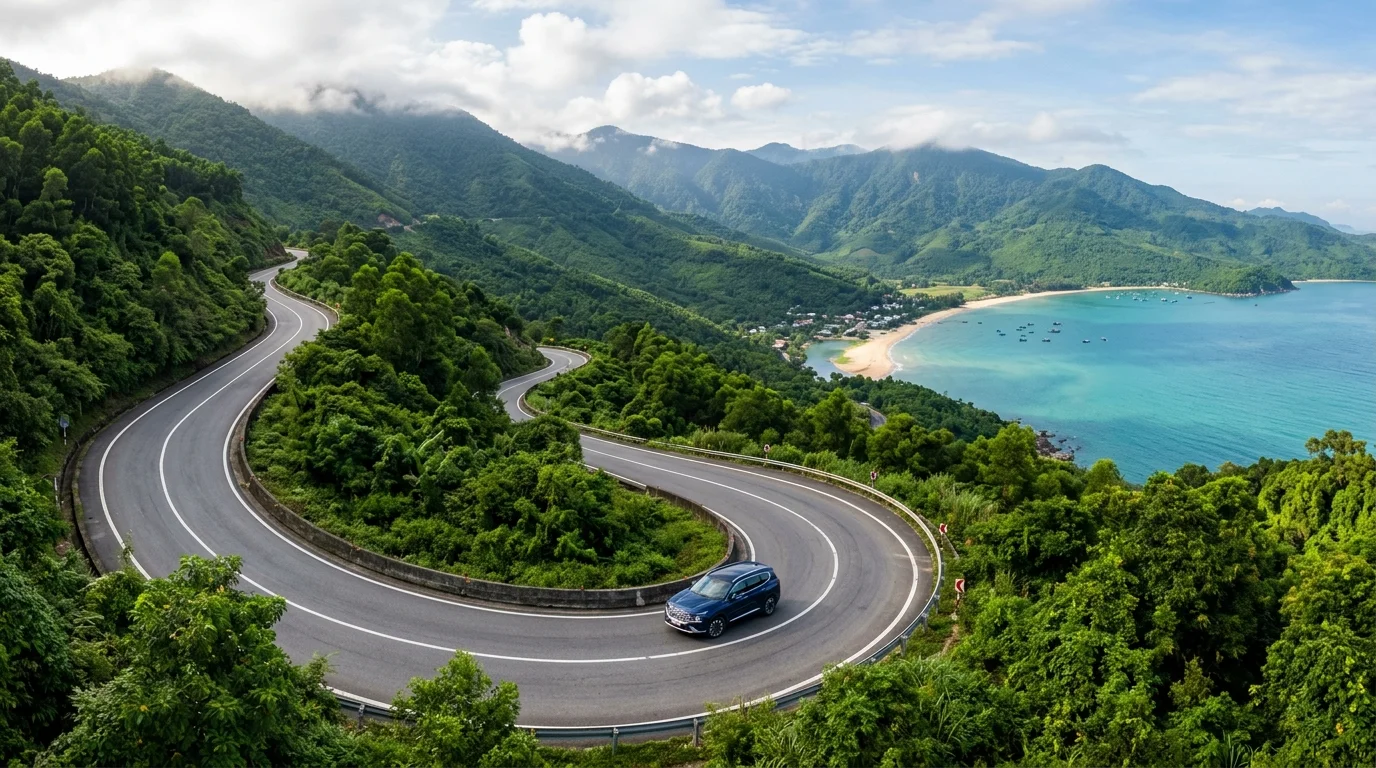 Xe riêng vượt đèo Hải Vân nhìn xuống toàn cảnh Vịnh Lăng Cô biển xanh ngắt
