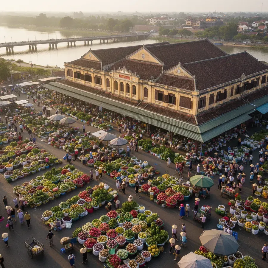 A panoramic view of Dong Ba Market Hue from the Perfume River, with the ancient clock tower prominently standing out amidst the bustling market.