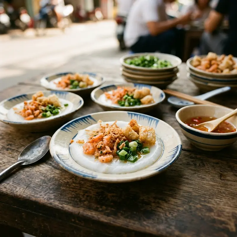 順化蒸餅的特寫，橙紅色蝦米乾餡料、魚露醬碗、米餅和炸米餅排列在古老的木桌上，自然光線下拍攝，展現順化特產吃遍順化的美食