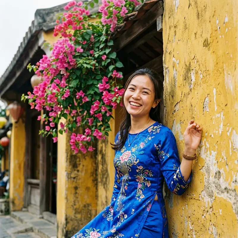 A radiant smile of a young woman in traditional Ao Dai beside an ancient yellow wall in Hoi An