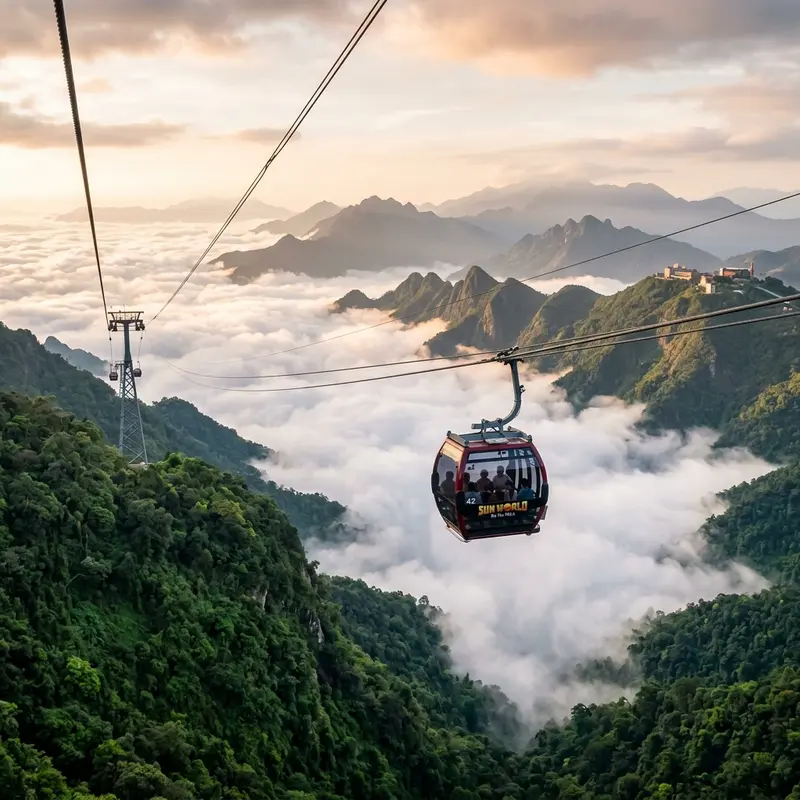Cáp treo Bà Nà Hills bay trên biển mây trắng, cabin kính hiện đại phản chiếu ánh bình minh vàng rực qua rừng nhiệt đới