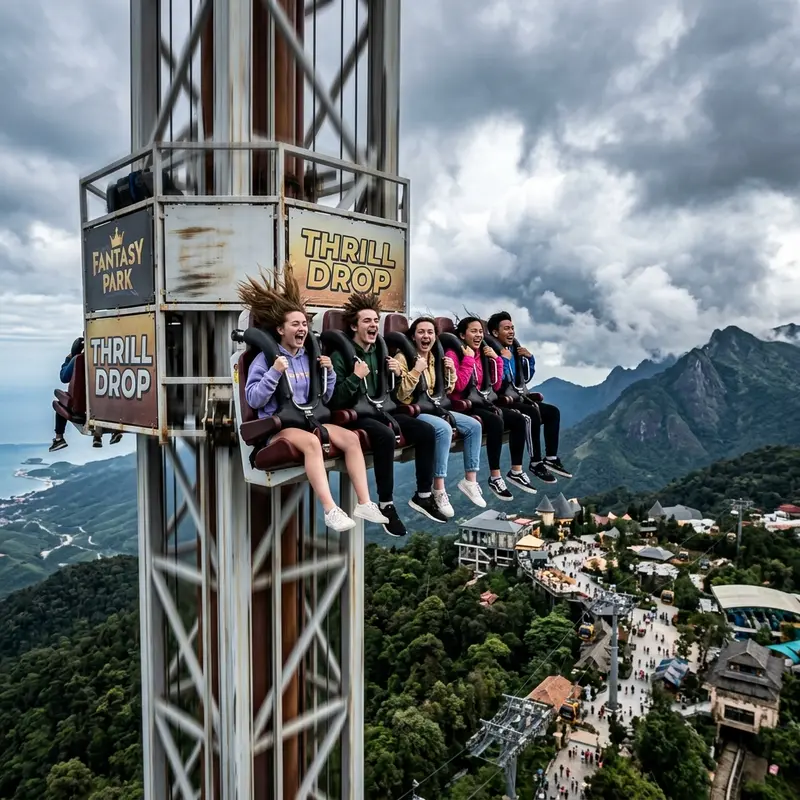 Tháp rơi tự do Fantasy Park Bà Nà Hills — trò chơi cảm giác mạnh hàng đầu tại khu giải trí Sun World trên đỉnh núi 1.487m