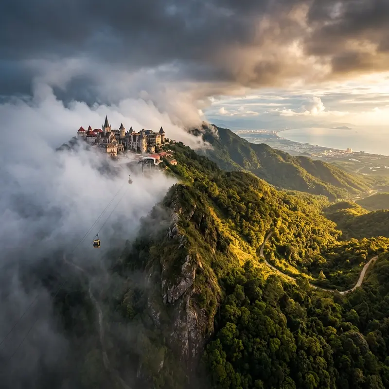 Thoi tiet Ba Na Hills voi may trang bong benh xen ke nang vang ruc ro tren dinh nui