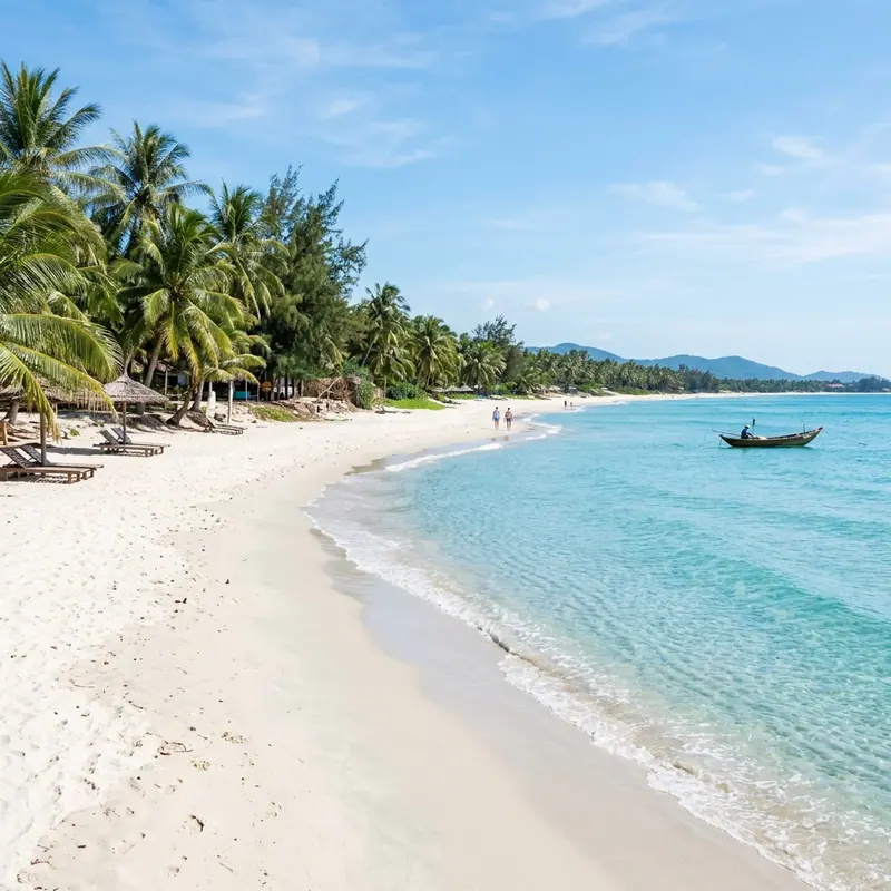 An Bang Beach Hoi An with crystal clear turquoise water, pristine white sand beach with few visitors