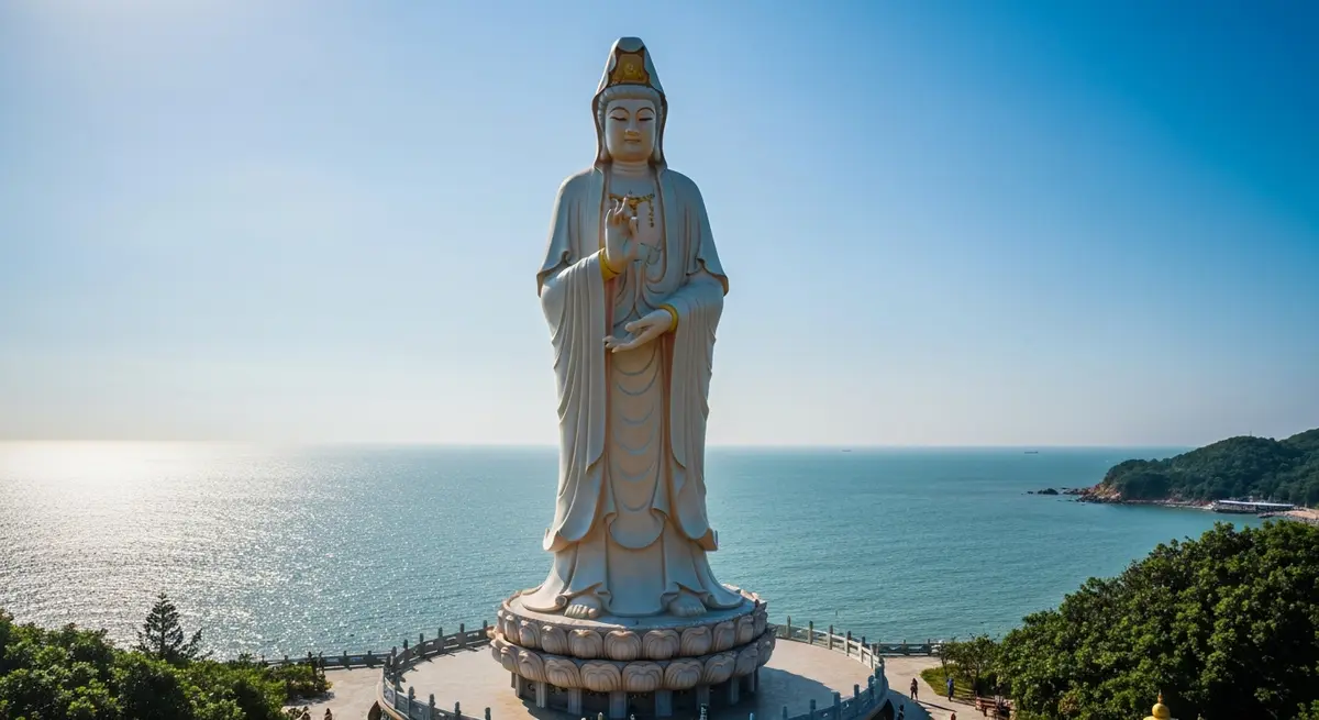 손짜 반도 린응 바이 붓 사원의 높이 67미터 관음보살상을 45도 각도에서 본 모습, 뒤로는 다낭의 푸른 바다