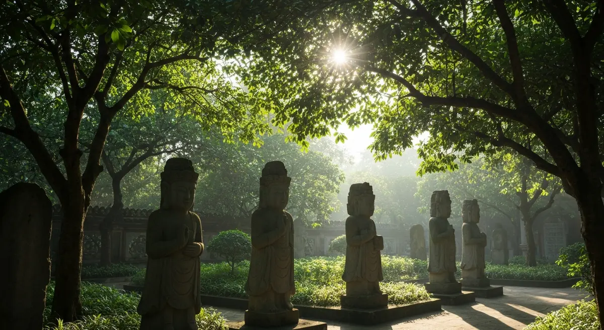 Ancient Cham stone sculptures displayed amidst greenery, morning sunlight filtering through the leaves