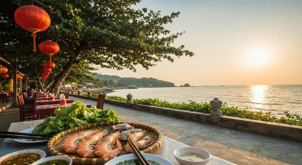 會安安邦海灘附近平價餐廳的美味新鮮海鮮大餐，餐桌上有煮螃蟹、烤蝦、炒魷魚、生菜，以及蘸醬，擺放在簡樸的木桌上，氣氛溫馨樸實