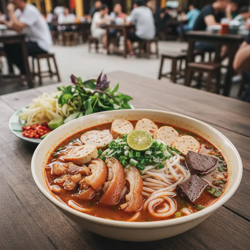 A bowl of authentic Bun Bo Hue with pork knuckle, crab cake, blood pudding, and a rich red broth from lemongrass, chili, and shrimp paste, characteristic of the best Bun Bo Hue eateries in the ancient capital