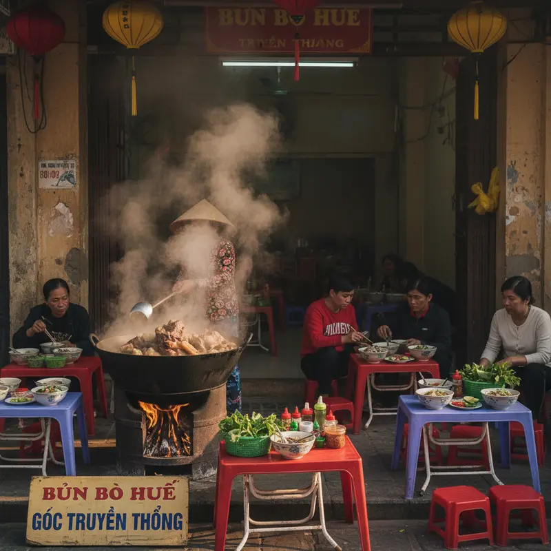 Traditional Hue beef noodle soup shop interior in the early morning with customers sitting on low stools, plastic tables, steam rising from a large broth pot placed on a charcoal stove in Hue