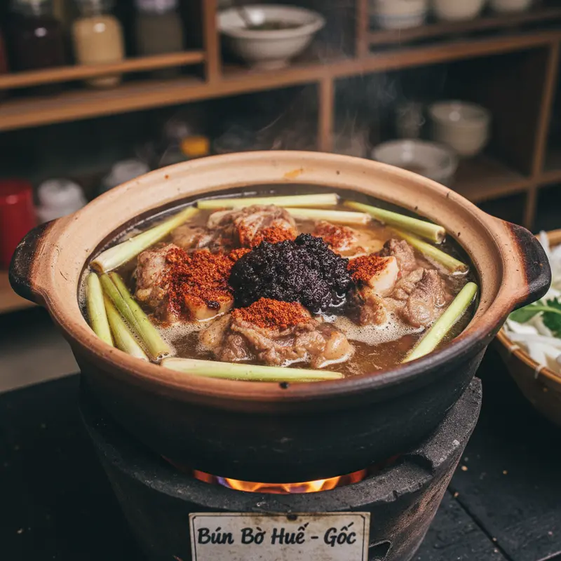 Close-up of the original bun bo Hue ingredients including Hue shrimp paste, bruised fresh lemongrass, red chili powder, and simmering beef bones in a traditional clay pot