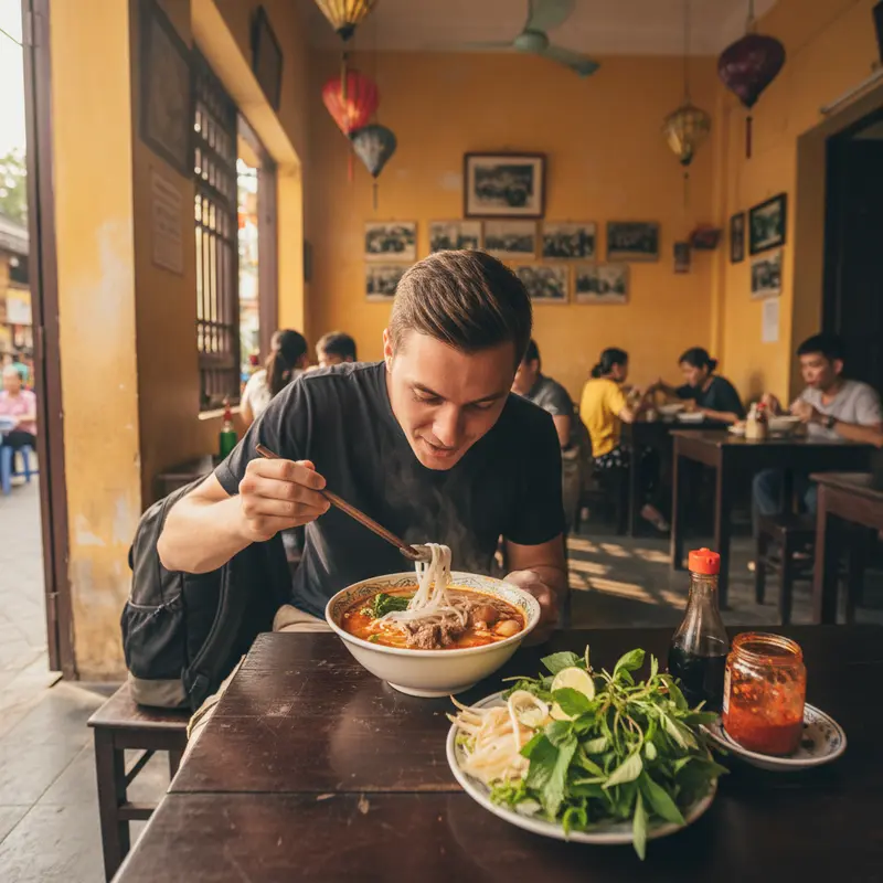 A tourist enjoying a bowl of authentic Bun Bo Hue at a traditional eatery, with early morning sunlight casting a golden glow, photographed from a 45-degree angle