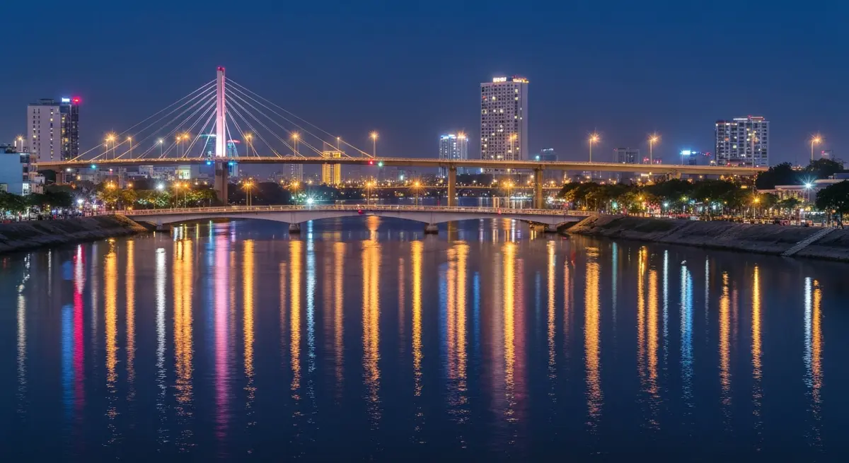 Panoramic view of Da Nang's Han River at night with 6 famous bridges brightly lit, reflecting on the water, check-in beautiful bridges in Da Nang