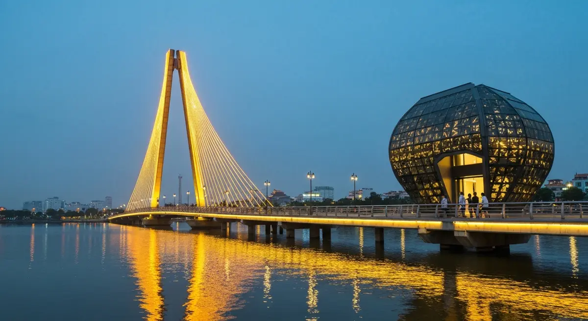 Da Nang Han River Swing Bridge rotating at night with yellow lights reflecting on the water, check-in the special Han River bridge