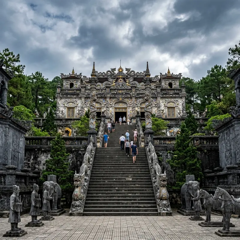 Toàn cảnh ba lăng tẩm nổi tiếng ở Huế nhìn từ trên cao, bao gồm Lăng Minh Mạng, Lăng Tự Đức và Lăng Khải Định nằm giữa rừng thông xanh mướt và sông Hương uốn lượn