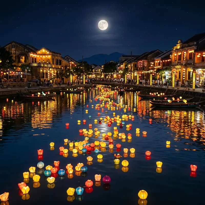 Panoramic view of Hoi An ancient town shimmering with lanterns during a traditional festival, reflecting on the Hoai River, a characteristic scene of festivals in Hoi An