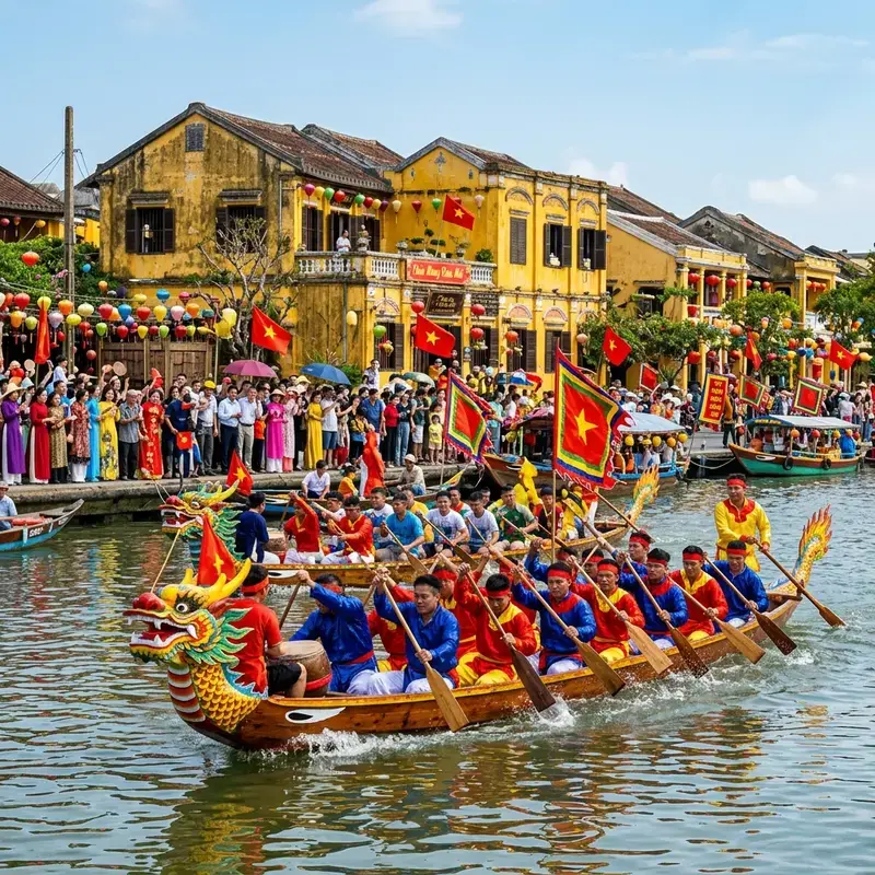 Incense offering ceremony at the Fujian Assembly Hall in Hoi An during the Lunar New Year, with fragrant incense smoke, people wearing traditional ao dai, one of the special traditional festivals in Hoi An
