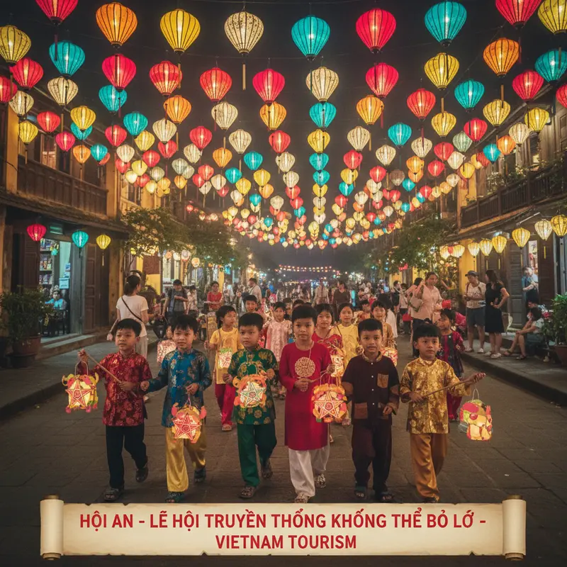 Hoi An children parading traditional lanterns during the Mid-Autumn Festival night, the ancient town illuminated by colorful lanterns, an unmissable traditional festival in Hoi An