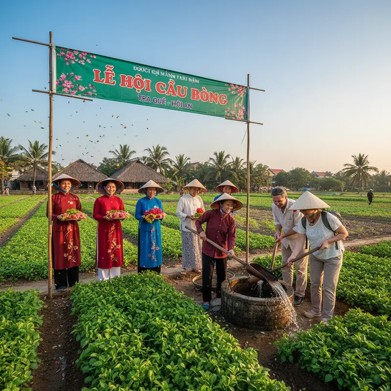 Tra Que Vegetable Village locals in Hoi An during the traditional Cau Bong festival, scene of watering vegetables with a wooden bucket, tourists participating in agricultural experience, distinctive cultural festival in Hoi An