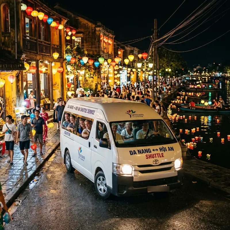 Tourists traveling by professional shuttle from Da Nang to Hoi An during a festival night