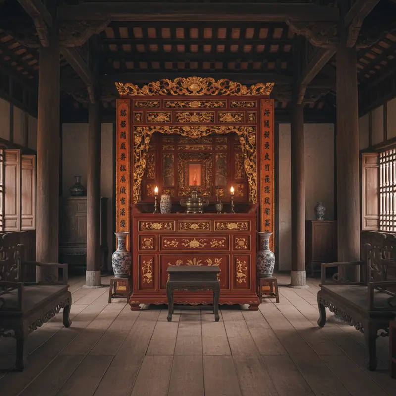 Interior of Duc An Ancient House in Hoi An with ancestor altar painted with gold leaf, oil lamps, solemn and spiritual space