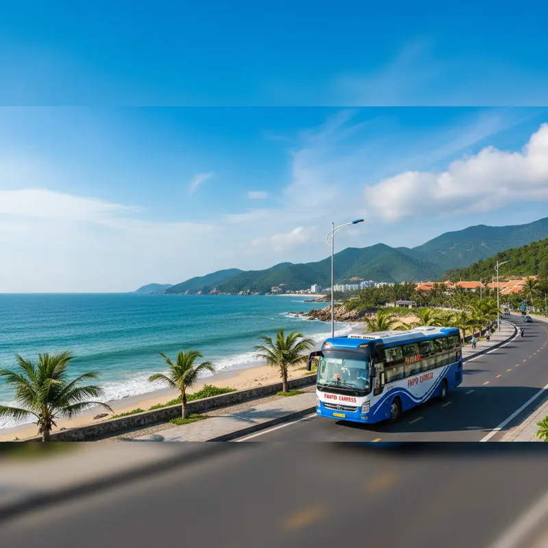 Faifo Express tour shuttle running on the coastal road from Da Nang heading to Hoi An, blue sky and beautiful sunshine, Central Vietnam scenery