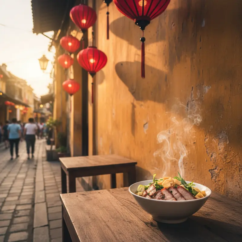 Corner of Hoi An old town with steaming bowl of cao lau on wooden table, background is yellow wall and red lanterns, warm afternoon sunlight