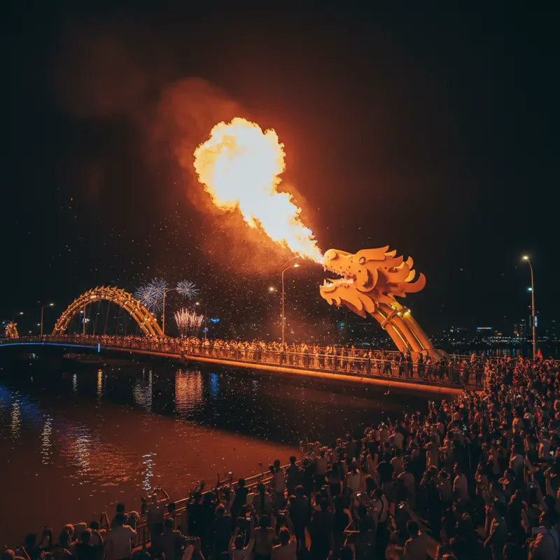Close-up of Dragon Bridge Da Nang's mouth shooting fire at night, brilliant orange-red flames shooting 20 meters high, spectators standing on both sides of the Han River, lively festive atmosphere