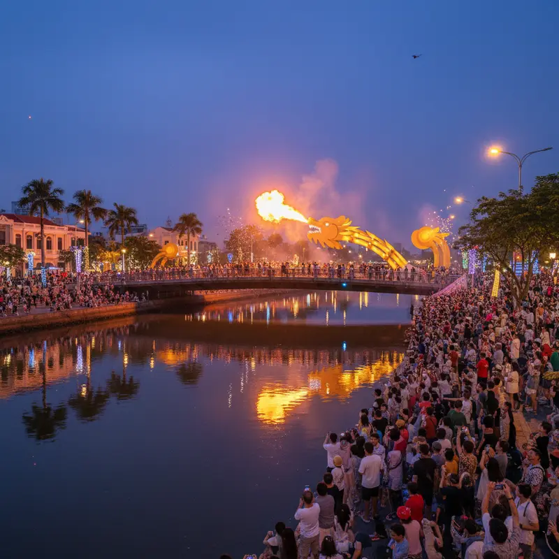 Tourists standing densely on the west bank of Han River on Bach Dang Street waiting to watch Dragon Bridge Da Nang fire show, festive weekend atmosphere, street lights and bridge lights reflecting on the water