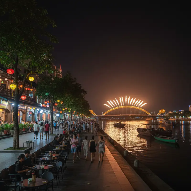 Bach Dang Street Da Nang at night on weekends, locals and tourists strolling, shops lit up, Dragon Bridge fire show in the distance creating a brilliant highlight for the Han River night scene