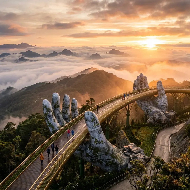 Cau Vang Ba Na Hills binh minh dep ruc ro, hai ban tay da khong lo nang do cay cau tren bien may