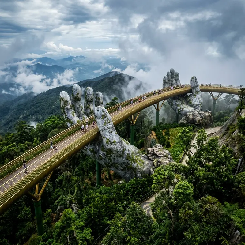 Cầu Vàng Bà Nà Hills nhìn từ dưới lên, góc chụp độc đáo với hai bàn tay khổng lồ
