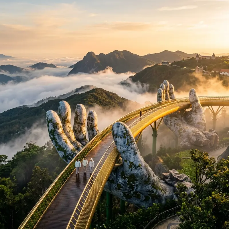 Cầu Vàng Bà Nà Hills lúc 8 giờ sáng gần như vắng người, ánh nắng bình minh vàng óng