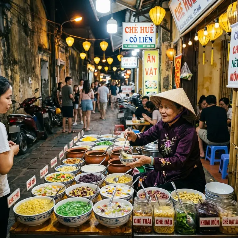 A traditional Hue alley dessert stall with many colorful desserts displayed in porcelain bowls. The vendor wears a purple ao dai, and yellow lights illuminate rows of mung bean dessert, tapioca pearl dessert, and lotus seed dessert in a small Hue alley.