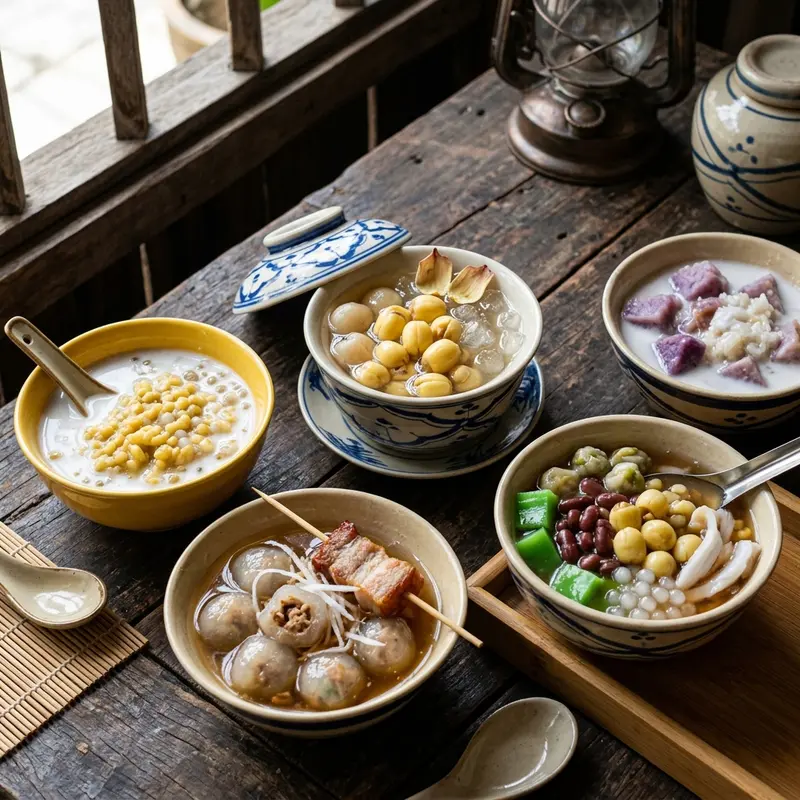 Close-up of characteristic Hue che varieties including lotus seed che, tapioca dumplings with roasted pork che, white flat bean che, and purple sweet potato che served in thin white porcelain bowls, sprinkled with jasmine flowers, on an old wooden background with an ancient flavor.