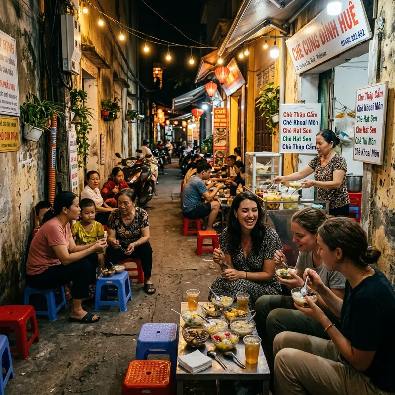 Foreign tourists and locals sitting on low plastic chairs in a Hue alley, enjoying alley sweet soup under the warm yellow evening light, a cozy and intimate atmosphere characteristic of Hue street food