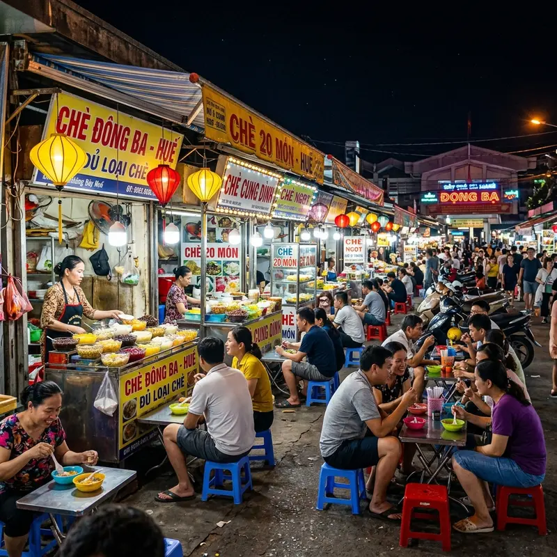 Evening scene at Hue's chè street near Dong Ba Market, with shimmering yellow lights, many chè stalls lined up closely, customers sitting on low plastic stools enjoying chè, and the bustling atmosphere characteristic of Hue's night food scene