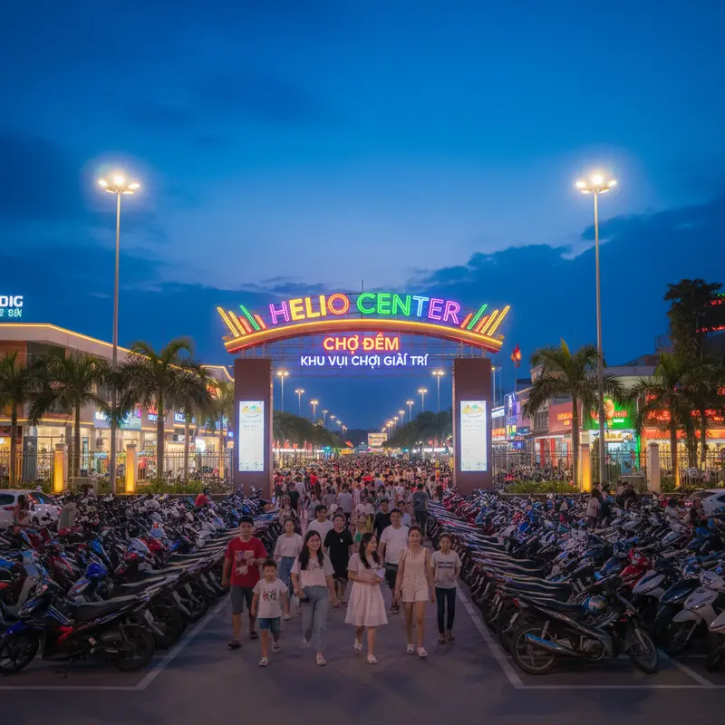 Cổng vào chính của Helio Center Đà Nẵng với biển hiệu rực rỡ, dòng người đổ vào tham quan chợ đêm, xe cộ đậu đầy bãi giữ xe bên ngoài