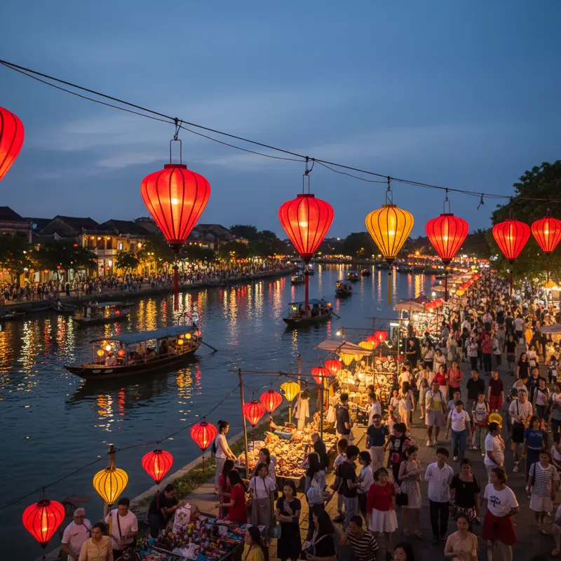 Panoramic view of Hoi An Night Market at night with red lantern light reflecting on the Hoai River, crowded tourists strolling on An Hoi islet
