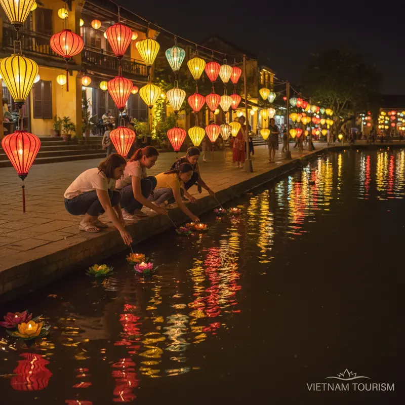 Tourists floating flower lanterns on the Hoai River in Hoi An at night, red and yellow lantern light reflecting beautifully on the water